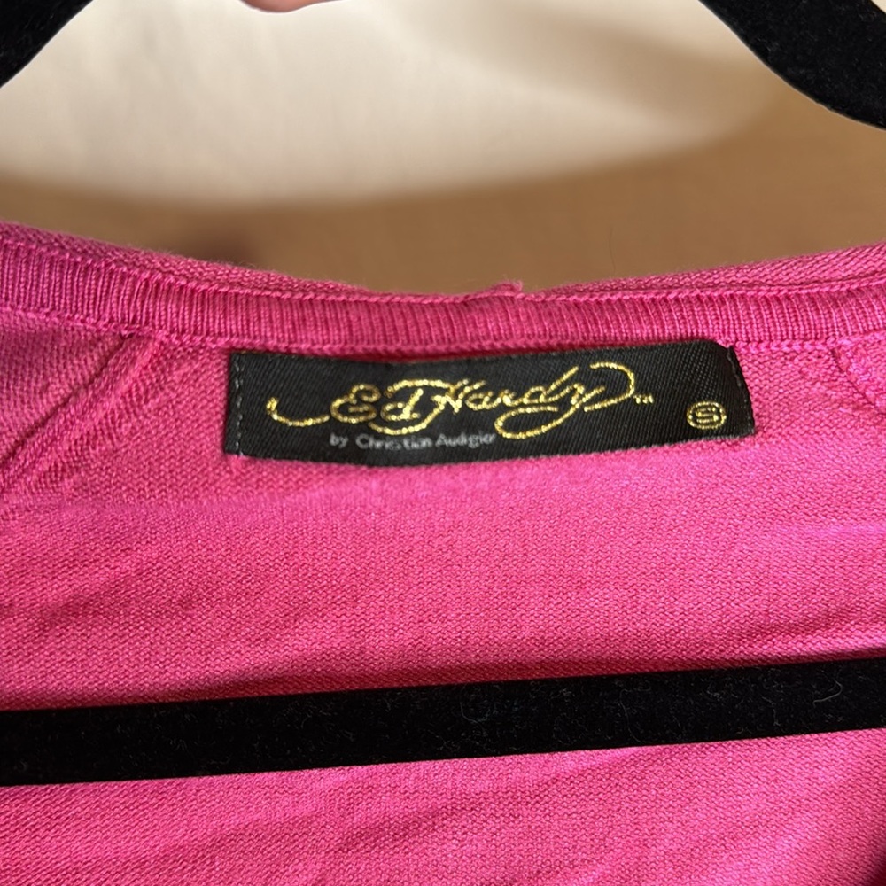 💖Eternal Love by Ed Hardy pink long sleeve hooded knit sweater Sz Small - Picture 6 of 15